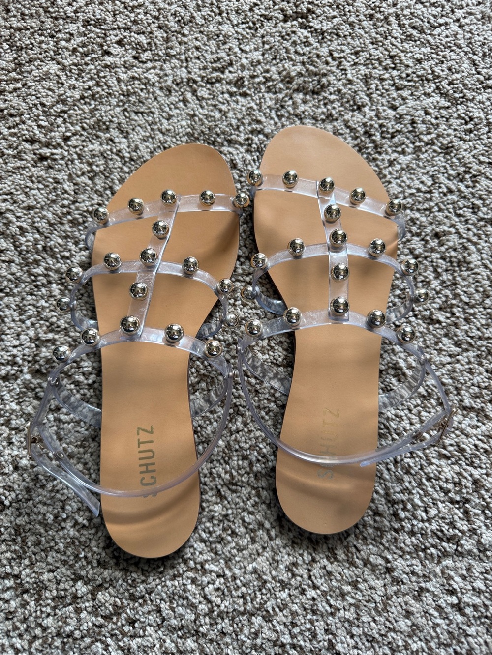 SCHUTZ Clear Gladiator Sandal with Nude Footbed and Silver Studs